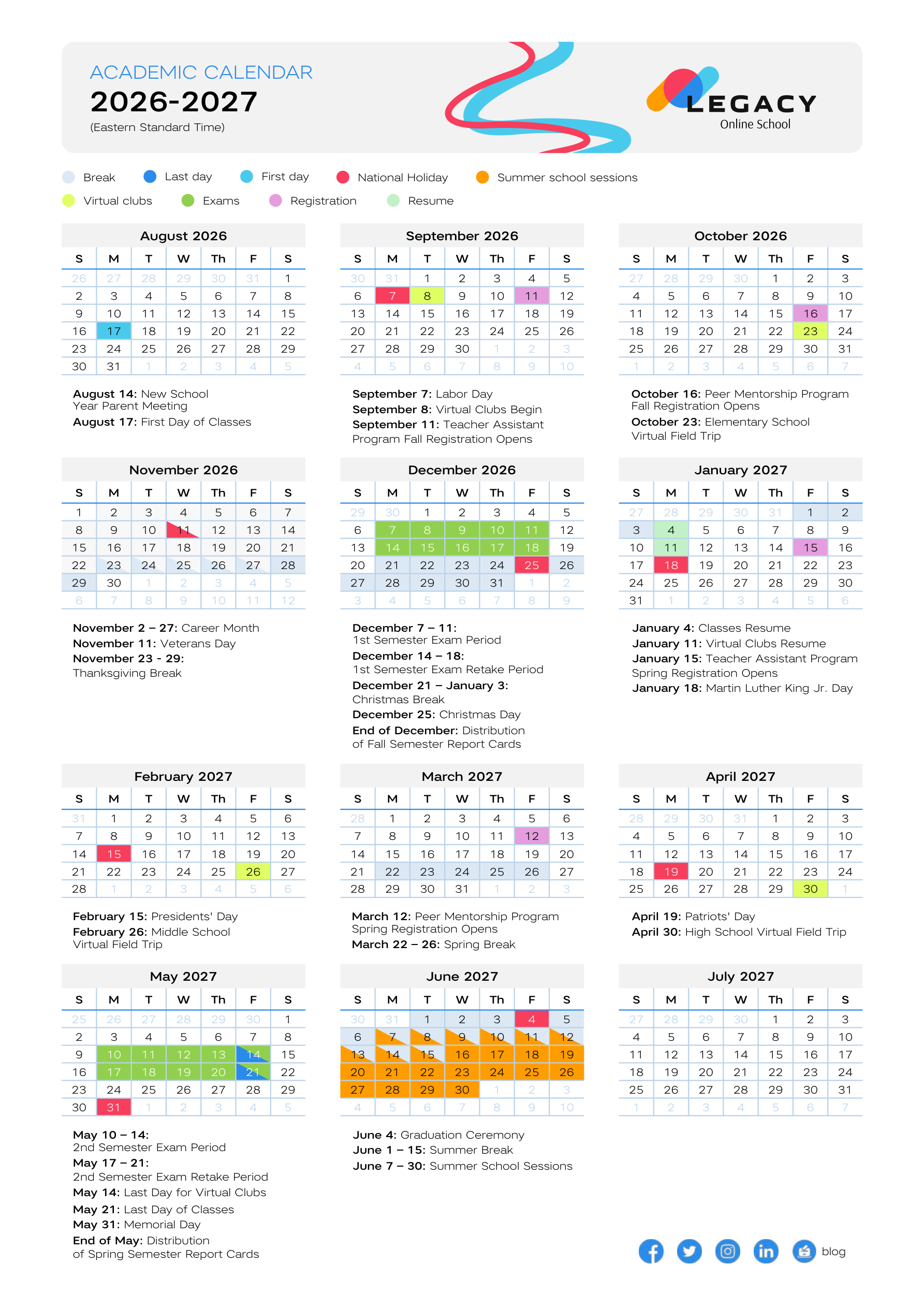 Legacy Online School Academic Calendar